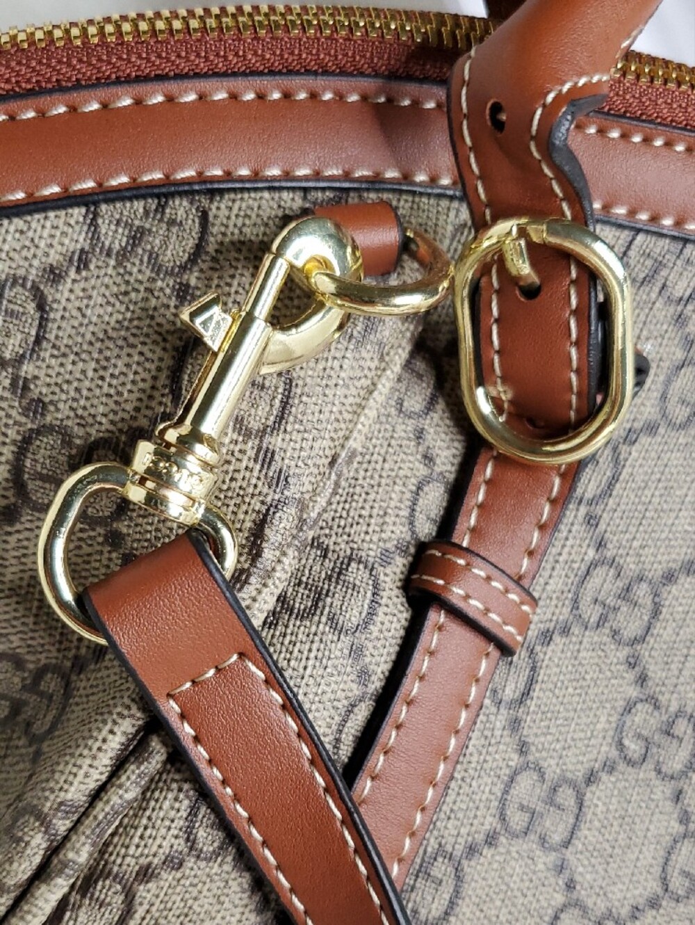 GG Collection Brown GG Monogram Crossbody Satchel with Tan Trim - Picture 3 of 11